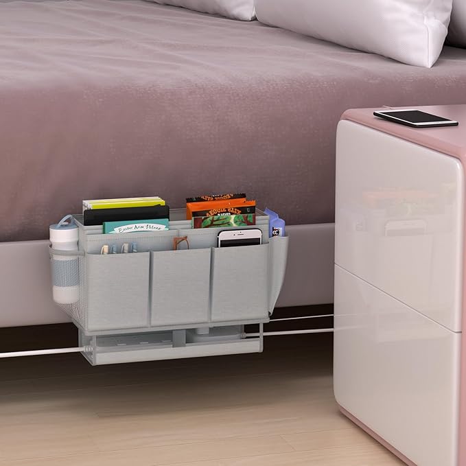 Bedside Caddy Bedside Organizer,Bed Caddy with 11 Pockets and Power Strip Holder,Versatile Bedside Storage Caddy for Home,Dorm,Bunk,Hospital,Crib Bed (Grey)