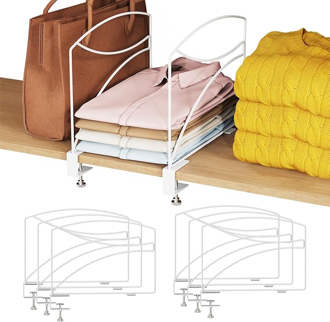 6-Piece Wire Shelf Dividers for Closet Organization, Upgraded C-Clips Adjustable Metal Shelf Dividers Suitable For Bedrooms & Kitchens, Storage Helper for Handbag Sweater Shirt Ankle Boots, White