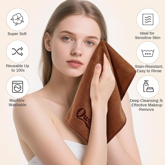 Microfiber Makeup Remover Cloth Face Towels Makeup Pads Soft Fingertip Face Wash Cloth Reusable Machine Washable High‑Absorbency Quick‑Dry Cleansing Facial Towels 12 × 12 in 6 Pack——Brown