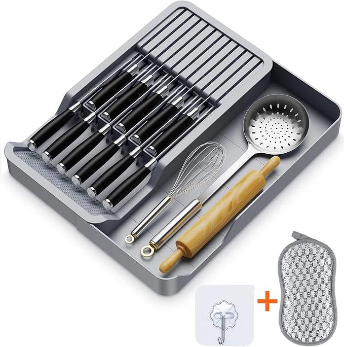 Kitchen Knife Drawer Organizer Grey, In Drawer Knife Block Holder with Expandable Cutlery Tray Compact Organization Drawer Storage Holds Up To 11 Knives (Including Hooks&Sponges)