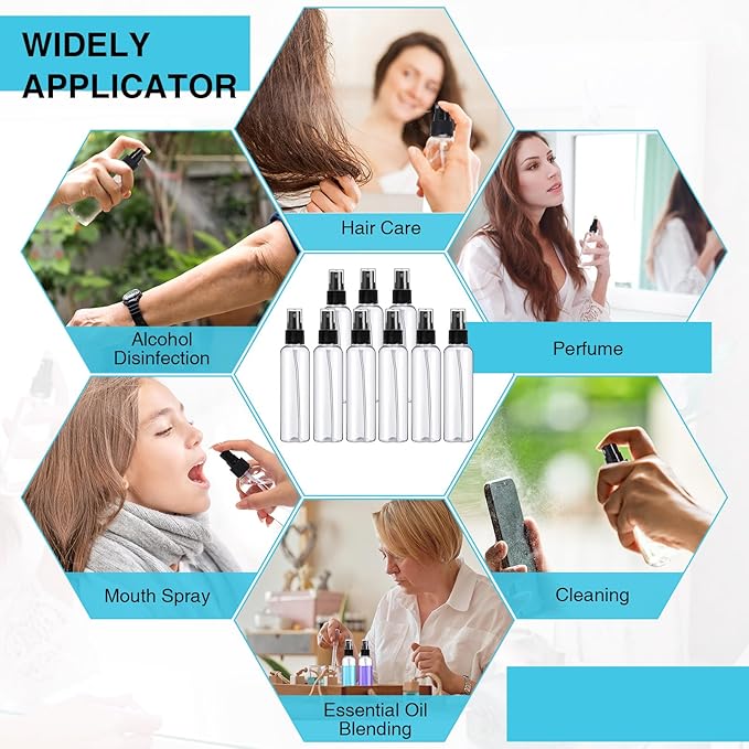 Kigley 100 Pcs Small Spray Bottle Bulk 4 oz Plastic Empty Mist Spray Bottles for Essential Oils Fine Mist Sprayer Reusable Refillable Portable Travel Containers for Perfume Cleaning Samples(Clear)