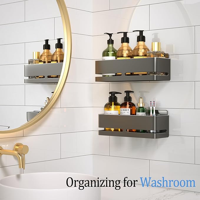 YESENT Shower Caddy, 2-Pack Shower Shelf, Heavy-Duty Bathroom Storage Shelf, Large Capacity No-Drill Bathroom Organizer, Gray Metal Storage Basket, Adhesive Installation