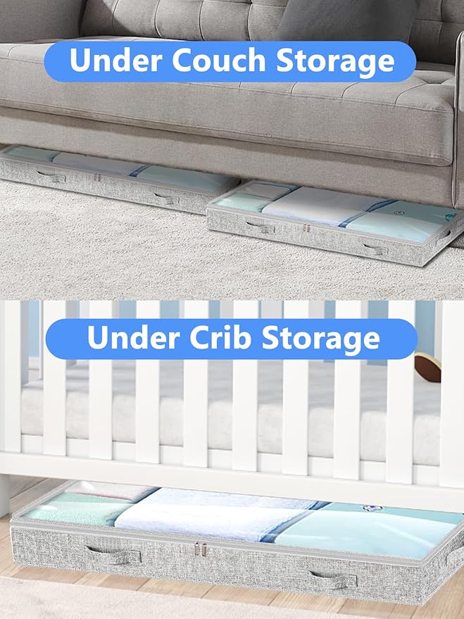 Low Profile Under Bed Storage, 3-Inch High Foldable Underbed Storage Bins with Lid & Zipper, No Structure, Super Slim Clothes Organizer for Crib Dorm Couch Low Bed, 6-Pack, Clear Top