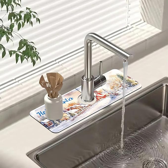 Chrismas Sink Faucet Absorbing Mat Hello Winter Sink Splash Guard Drying Mat for Kitchen Bathroom Faucet Sinkmat 15.5"X5.5"