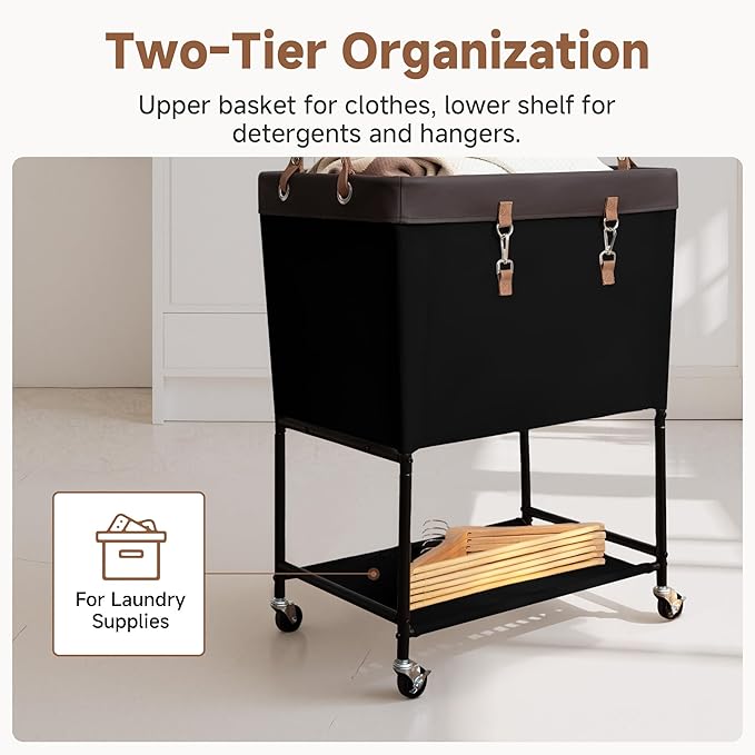 StorageWorks Laundry Cart, 2 Tier Rolling Laundry Basket, Heavy Duty Laundry Basket with Lockable Wheels, Laundry Room Organization and Storage, Clothes Hamper for Bedroom, Dorm, Closet, 29Gal, Black