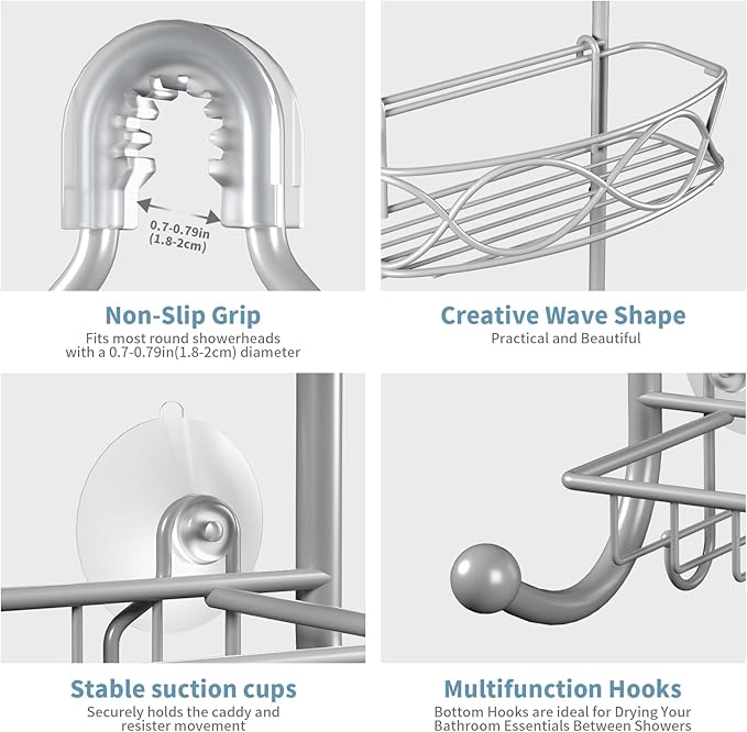 Shower Caddy Hanging 3 Tier with Two Movable Baskets, Grey Shower Caddy with Hooks for Towels, Sponge and More
