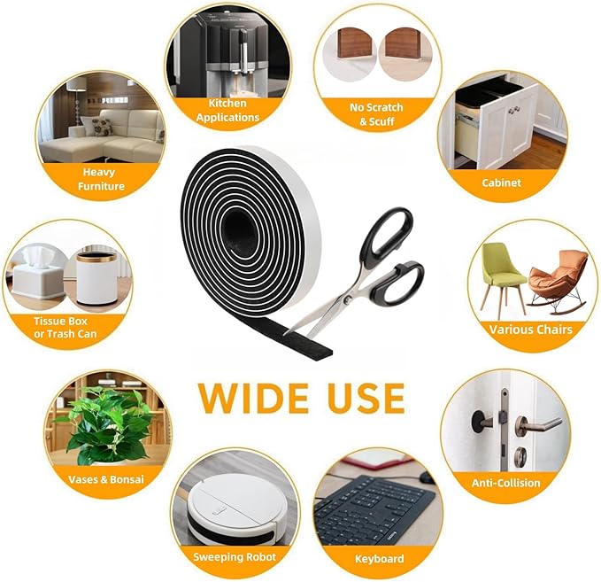 Furnigear Felt Strips with Adhesive Backing Heavy Duty Cuttable Felt Tape Roll Furniture Pads for Chair Legs - Protecting Hardwood Floors, Chair Wall Protector (Black, 120 x 0.5 x 0.14 Inch)