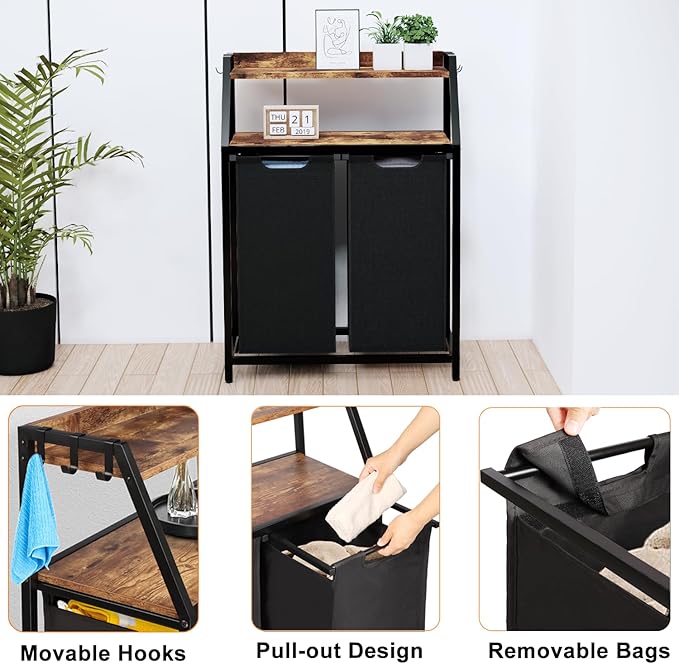 Laundry Hamper, Laundry Sorter 2 Section, Rolling Laundry Basket with Wheels, 2 Shelves, 2 × 14.5 Gal, Pull-Out and Removable Oxford Fabric Bags, for Laundry Room, Black and Rustic Brown