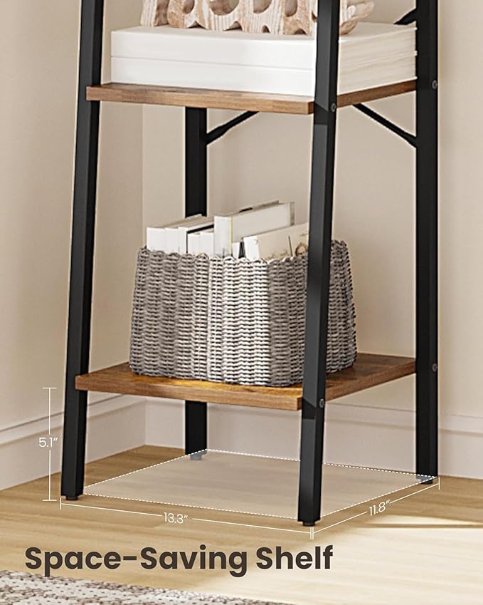 Ladder Shelf, Bookshelf Bookcase, Freestanding Corner Storage Shelve with 2 Hooks for Home Office, Living Room, Kitchen, Bedroom, Industrial, 11.8"D x 13.4"W x 72.8"H, Rustic Brown BC13301B