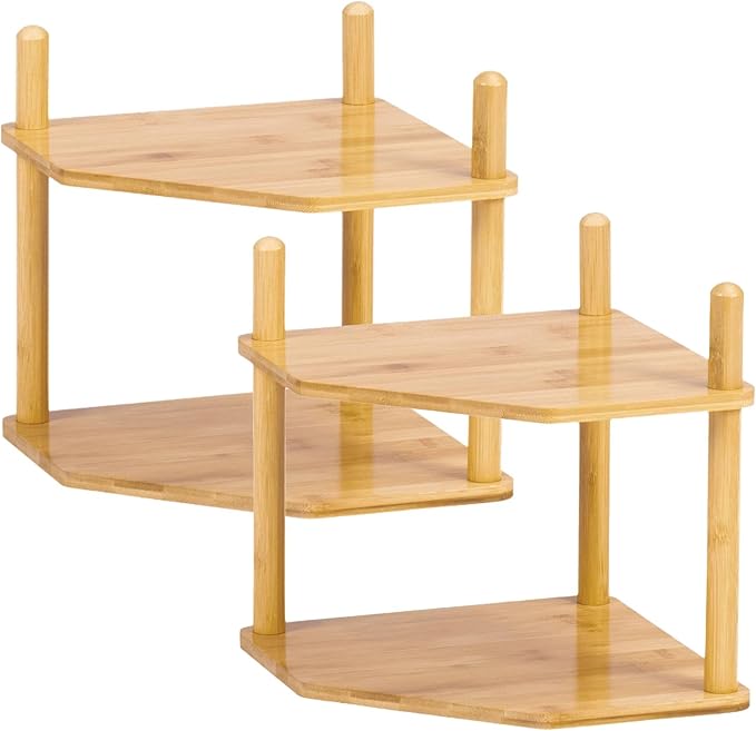 2 Pack 2-Tier Expandable Bamboo Corner Shelf - Dish/Plate Organizer for Cabinet, Kitchen Counter Shelf & Small Kitchen Shelf, Adjustable(2, 6.7" H)