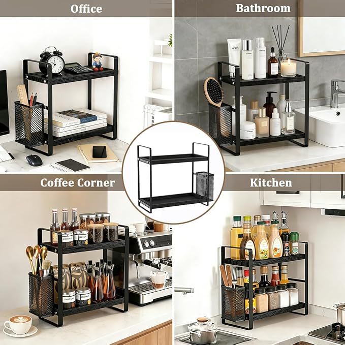 2-Tier Kitchen Storage and Organisation Rack with Side Baskets, Multifunctional Spice Rack Coffee Station Organizer for Kitchen, Coffee Bar, Bathroom, Office