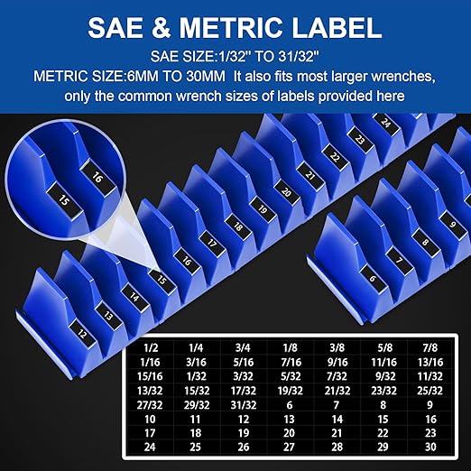 42-Tool Magnetic Wrench Organizer, Wrench Organizer for Tool Box, Wrench Holder for Tool Drawer Storage - Wrench Rack with Metric & SAE Label. Gift for Father, Brother and Boyfriend (Blue)