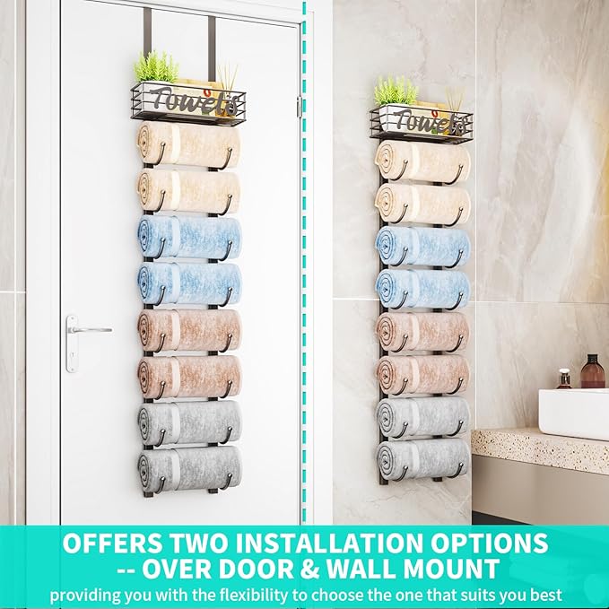 HapiRm Towel Racks for Bathroom Storage - 9 Tier Over The Door & Wall Mount Rolled Towel Storage Organizer Holder with Metal Shelf Basket for Small Bathroom, Camper, Rv - Patented