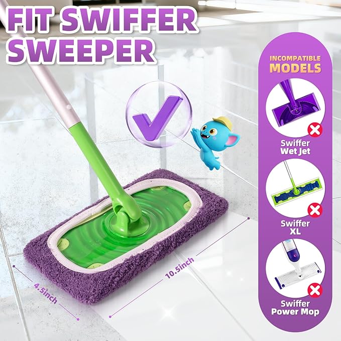 8 Pack Reusable Mop Pads Compatible with Swiffer Sweeper Mop, Dry and Wet Pads Refill, Microfiber Pads, Washable Sweeping Cloths for Surface/Hardwood Floor Cleaning (Purple)