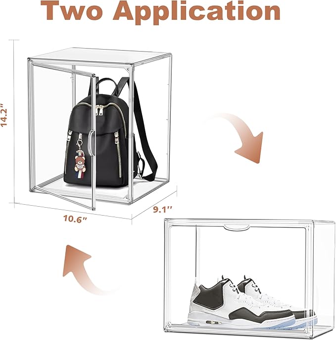 EDS FAM 4 Pack Clear Shoe Box Organizer,Size 14 Acrylic Display Cases for Book Cosmetic Figures Collectibles Showcase,X-Large Bag Stackable Plastic Storage Bins with Magnetic Lid