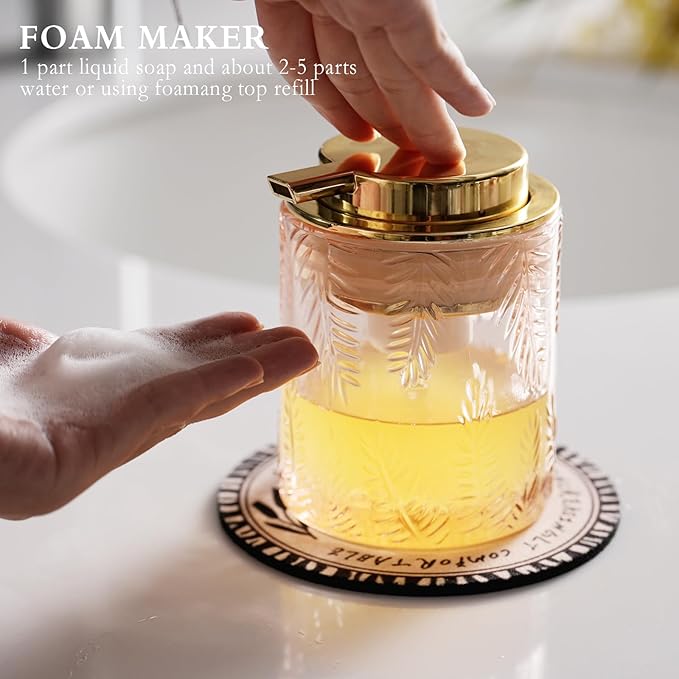 Glass Foam Soap Dispenser for Kitchen & Bathroom - Refillable Lotion Dispenser with Large Gold Pump (Leaf Pattern-Pink)