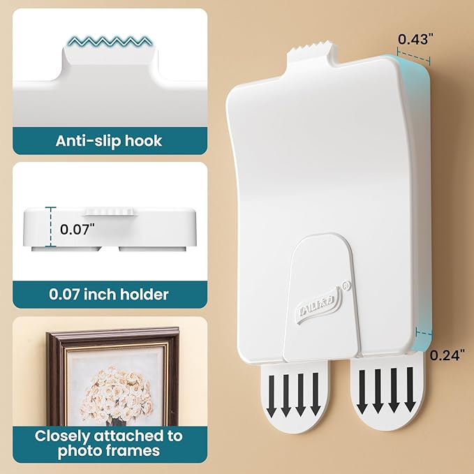 TAILI Picture Hangers 8 Pcs, Damage Free Picture Hangers for Walls，Adhesive Picture Hanging Hooks Without Nails，Art Hanger for Bathroom Kitchen Home Door Closet, Inclue 2 Extra Strips