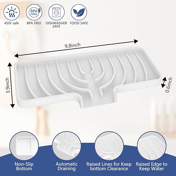 Silicone Sponge Holder for Kitchen Sink With Drain Spout, Self Draining, Kitchen Soap Tray, Bathroom Organizer, Sink Caddy, Perfect for Dispenser, Scrubber, Bottle, Cup on Counter (White, 10×4)