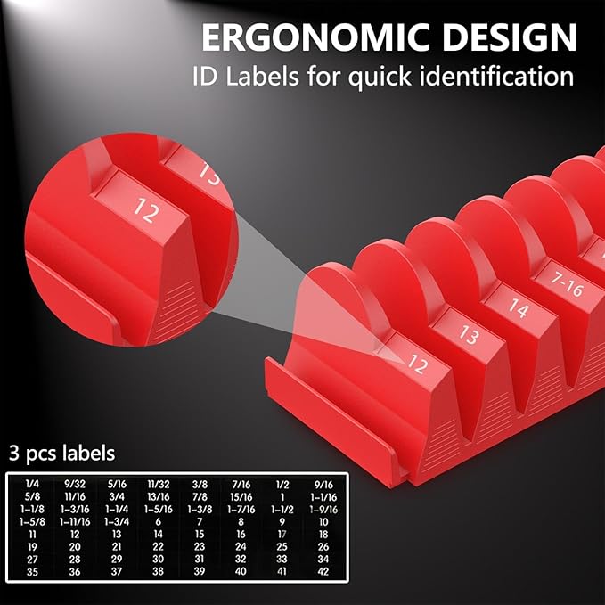 80 pcs MAGNETIC Modular Wrench Organizers for Tool Drawers - Wrench Rack with Metric & SAE Labels, Perfect Tool Storage Holder. Gift for father, brother and boyfriend (With Magnet) (Black and Red)