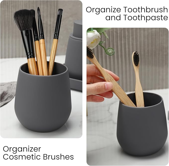 Bathroom Accessories Set, Modern 3 Pcs Bathroom Essentials - Soap Dispenser, Toothbrush Holder & Tray, Countertop Vanity Organizer (Gray)