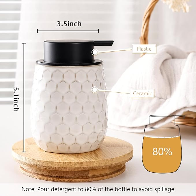 Foaming Soap Dispenser, 12OZ Ceramic Foam White Hand Soap Dispenser with Honeycomb Design for Kitchen or Bathroom, Refillable Dish Lotion Dispenser, ANTIS'S HOME