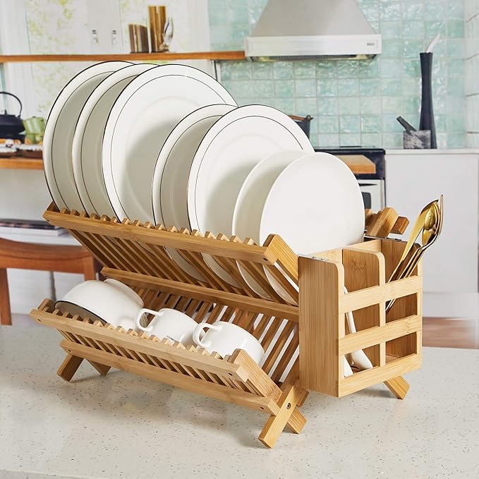 Bamboo Dish Drying Rack-2 Tier, Collapsible Small Dish Rack with Utensil Holder, Wooden Drying Rack for Kitchen Counter, Apartment Essentials Kitchen Plate Holder Organization 34 pcs Grid