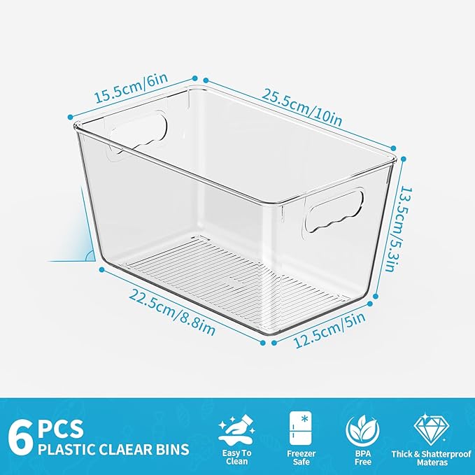 KJIXYUNG Clear Pantry Organizer Bins, Storage Containers & Plastic Containers with Handle, Cabinet Organizer, Home Organization Must Haves for Kitchen, Laundry Room, Office, Closet & Freezer (6 Pack)