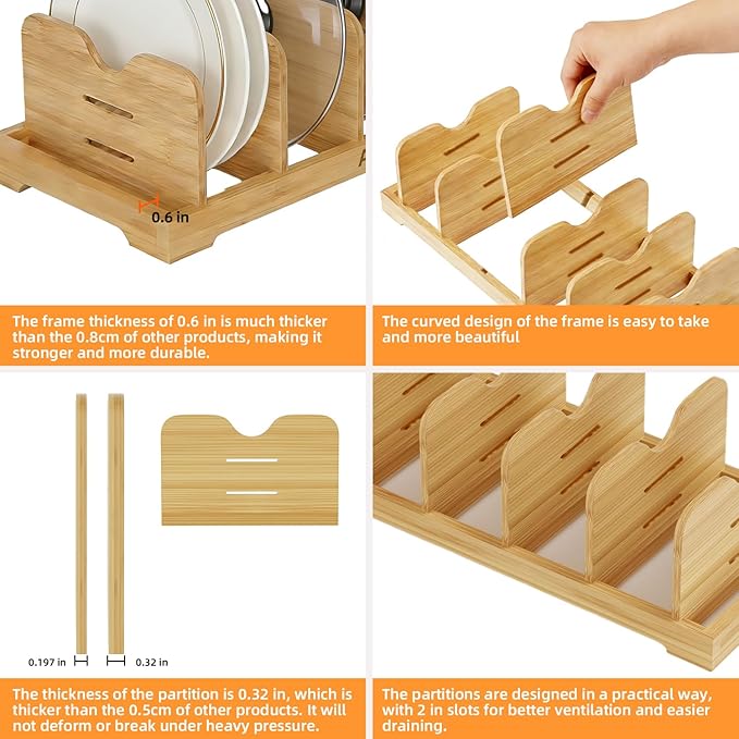 Pots and Pans Organizer Under Cabinet, Cutting Board/Baking Sheets Storage Rack, Adjustable Bamboo Pot Lid Holder, Pot Lid Organizer Inside Cabinet, Pot and Pan Organizers(Natural)