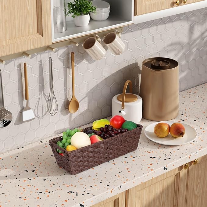 Plastic Wicker Storage Baskets - Toilet Tank & Bathroom Baskets, Woven for Organizing, Brown, 15¾" x 6¾" x 4¾", 2-Pack