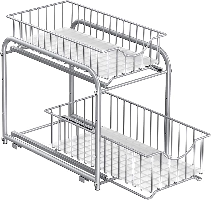 SONGMICS 2-Tier Pull Out Cabinet Organizers, Under Sink Organizer, Bathroom Organizer and Storage, Sliding Basket Drawers, Stackable for Kitchen, Bathroom, Metallic Silver UKCS017E01