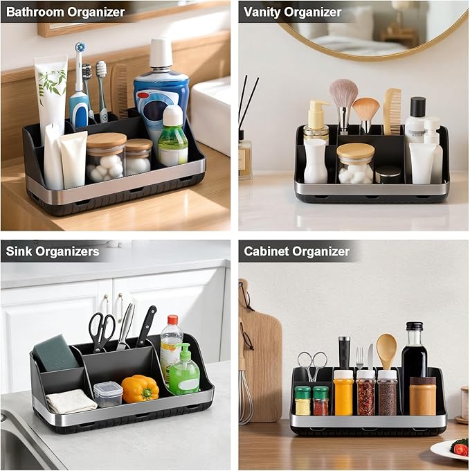 Black Toothbrush Holder - 7 Slots Bathroom Organizer Countertop with Drainage Matte Black Electric Toothbrush and Toothpaste Holder for Bathroom Accessories Sink Storage