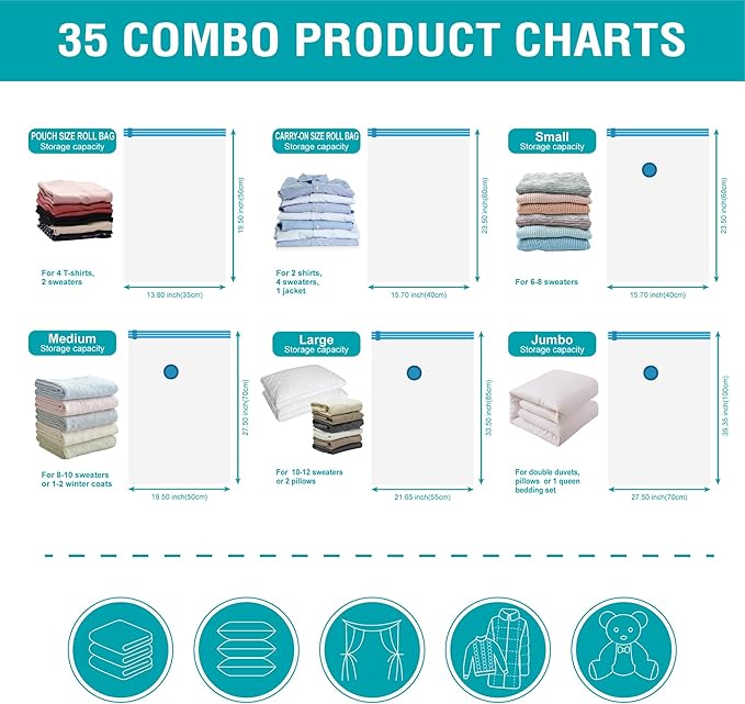 Cozy Essential 35 Pack Vacuum Storage Bags, Space Saver Bags (5 Jumbo/6 Large/6 Medium/6 Small/6 Roll-M/6 Roll-S) Compression for Comforters and Blankets, Pillow, Bedding, Sealer Clothes Storage