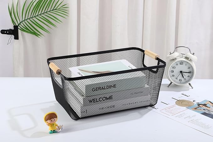 Metal Mesh Steel Basket, Large Wire Storage Organizer Basket Multi-function Hanging Kitchen Baskets with Wood Handle for Kitchen Bathroom Picnic Home, Rectangle-Black