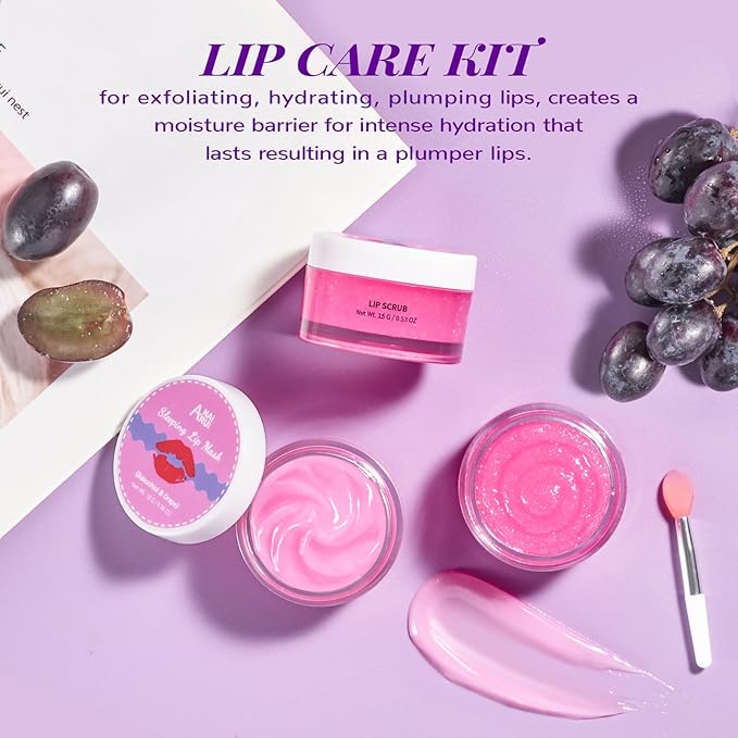 ANAI RUI Lip Therapy Set, Lip Scrub & Lip Mask, Overnight Hydrating Lip Moisturizer with Exfoliator Scrub, Lip Sleeping Mask for Plumping, Lip Gift Kit for Dry, Chapped, Dark Lips, Grape