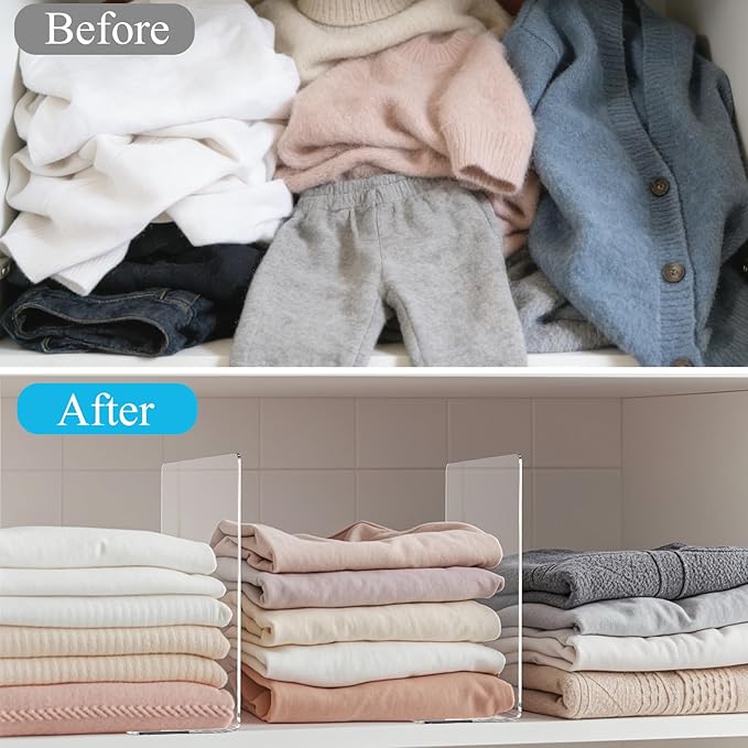 Lebouri Shelf Dividers for Closet Organization: 12" Tall x 10" Deep Acrylic Closet Shelf Dividers for Clothes Sweater Purse - Free Standing Clear Separators for Shelves