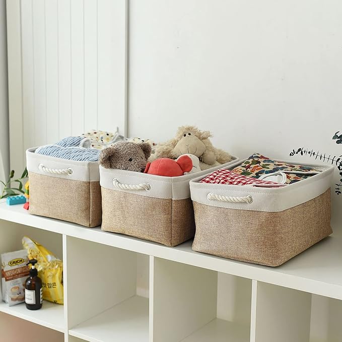 Sacyic Fabric Storage Baskets - Rectangular Baskets for Organizing Fabric, Shelves & Decorative Use (White & Khaki)