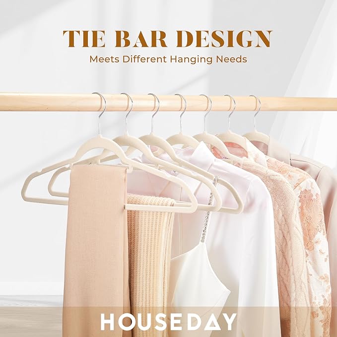 HOUSE DAY Velvet Hangers with Tie Bar 60 Pack Ivory, Clothes Hanger Non-Slip, Space Saving Felt Hangers for Pants, Coat, Suits, Shirt, Scarf, No Hanger Marks