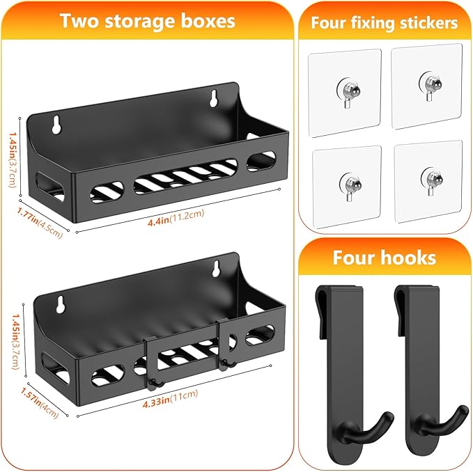 Shower Caddy Adhesive, No Drill Bathroom shower Organizers, with Removable Hooks, Rust Proof Shower Shelves, Home Farmhouse Wall Inside Organization Self Adhesive Black Bathroom Shelves Basket