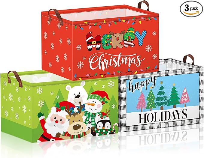 Boao 3 Pack Large Christmas Storage Baskets for Gifts Empty Collapsible Christmas Storage Bin with Handle, Xmas Canvas Laundry Basket for Home Bedroom Clothes Toys Closet Shelf Office Holiday Decor