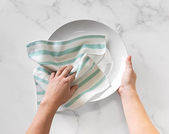 Martha Stewart Microfiber Cleaning Cloths, Ultra-Absorbent, Lint-Free Cleaning Towels for Home & Kitchen, Teal Stripes, 11 Inches, 24 Count