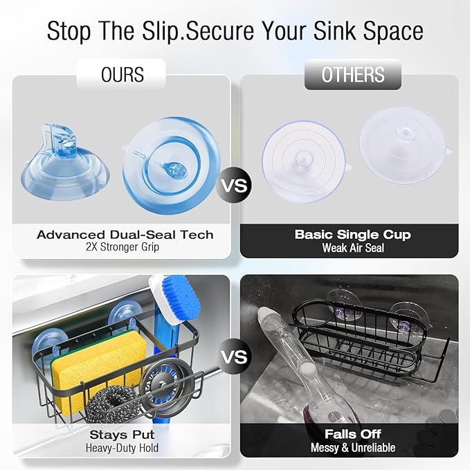 3-in-1 Kitchen Sink Caddy Organizer with Sponge Holder, Brush Holder, Extra Rack for Scrubber, Sink Stopper, Dish Cloth Hanger - Strong Dual Suction Cup, 2.0mm SUS304 Stainless Steel - Black