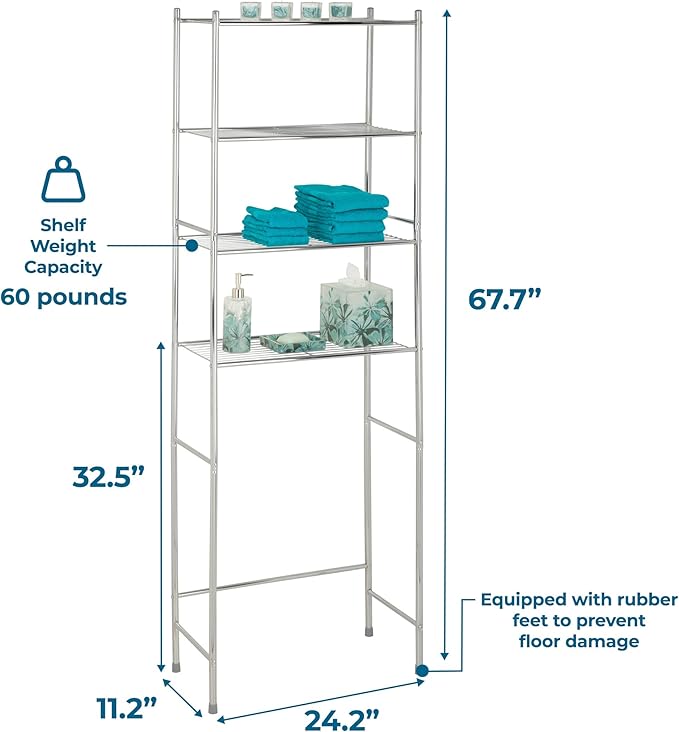 Honey-Can-Do 4-Tier Over-The-Toilet Storage Shelf - Space-Saving Steel Bathroom Restroom Organizer with Neutral Chrome Finish, Ideal for Towels, Toiletries, & Essentials - 24"W x 68"H x 11"D