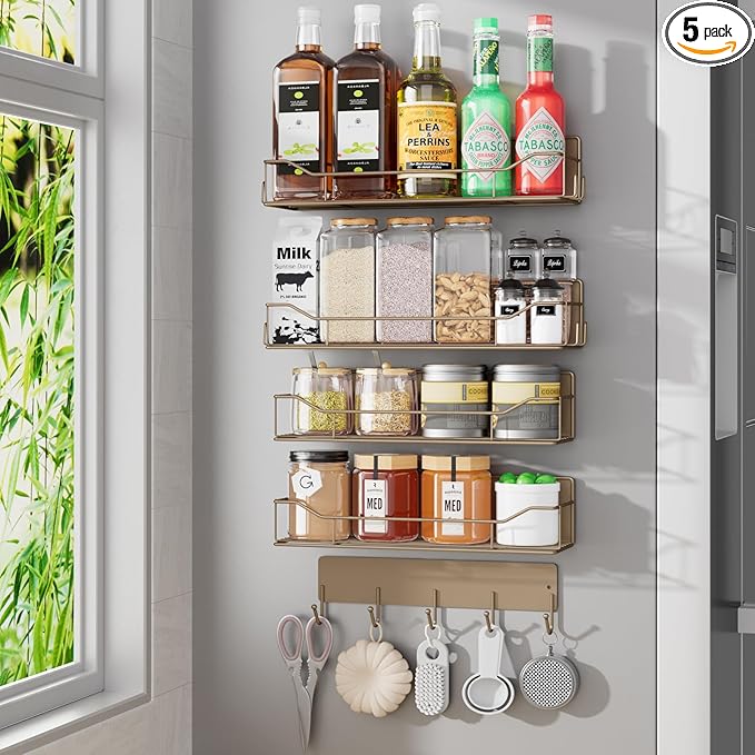 Magnetic Spice Rack for Refrigerator, 5 Pack Metal Strong Magnet Spice Organizer Shelves with Hook Rack, Space Saving Magnetic Fridge Shelf for Home Kitchen Organization and Storage (Brown)