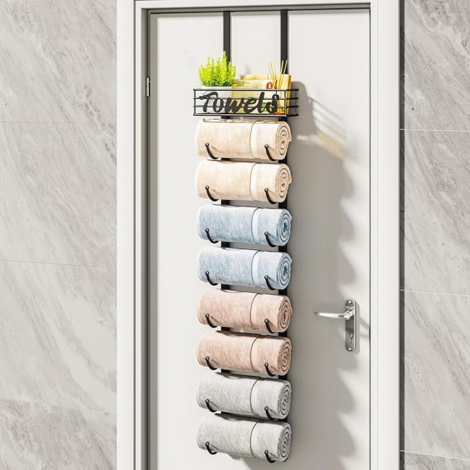 HapiRm Towel Racks for Bathroom Storage - 9 Tier Over The Door & Wall Mount Rolled Towel Storage Organizer Holder with Metal Shelf Basket for Small Bathroom, Camper, Rv - Black, Patented