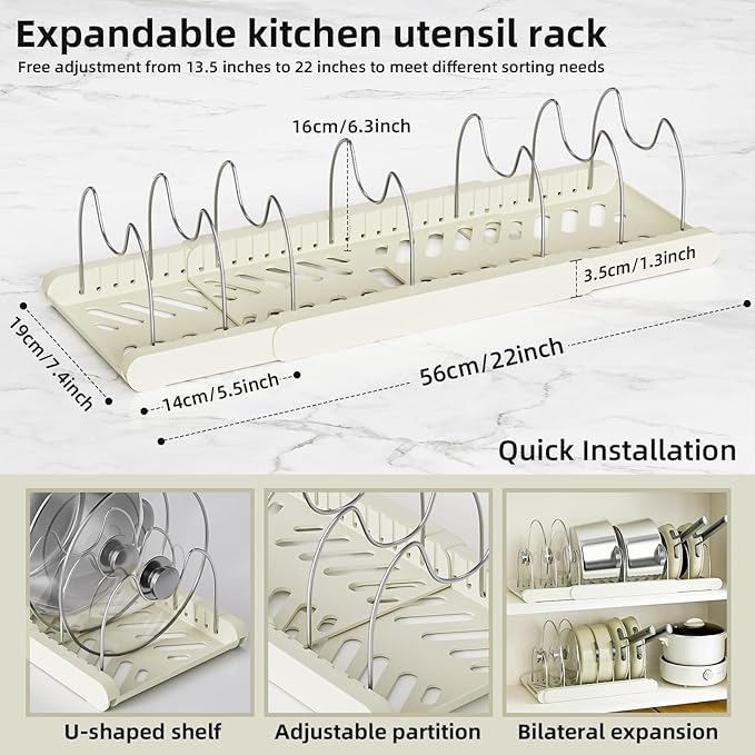 2 Pack Pots and Pans Organizer Under Cabinet - Expandable Pot Lid Holder with Adjustable Dividers, Baking Tray & Pan Storage Rack for Kitchen Cabinets