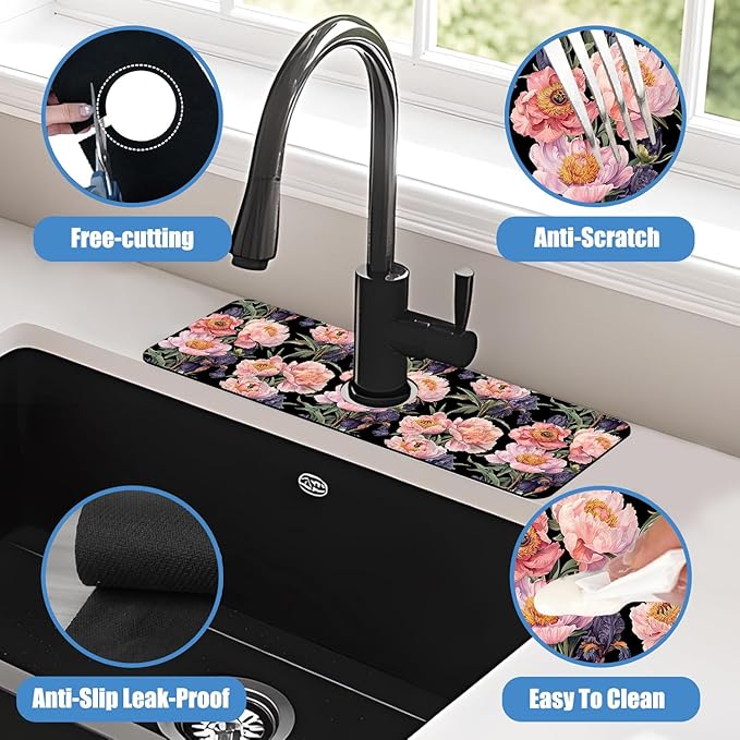 Sink Splash Guard Faucet Mat Peony and Iris Flowers Absorbent Fast Drying Mat Sink Gadgets Splash Guard Behind Faucet Drip Catcher for Kitchen Bathroom 15.5"X5.5"
