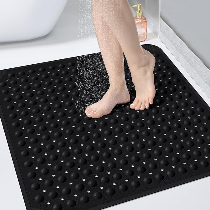 OTHWAY Square Shower Mat 32x32, TPE Non-Slip Shower Mats with Drain Holes and Suction Cups, Walk-in Mat for Inside Shower Stall, Anti-Slip for Elderly Kids (Black)