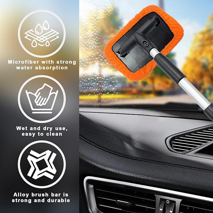 Ziciner Car Windshield Cleaner, Microfiber Auto Cleaning Wiper with Aluminum Extendable Handle and 2 Washable Reusable Cloth Pad Head, Vehicle Interior Exterior Cleaner Kit (Orange-Rectangle)