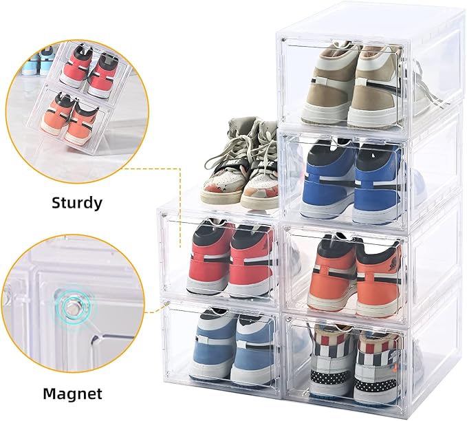 KEFA 8 Pack XXL Large Shoe Storage Box Fit for Size US 15, Shoe Organizer Clear Plastic Shoe Boxes (8 PACK CLEAR)