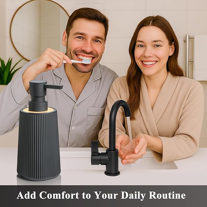 Black Hand Soap Dispenser with Bamboo Decor and No Rust Pump for Bathroom and Kitchen Countertops Refillable Striped Matte Plastic 8.5 oz